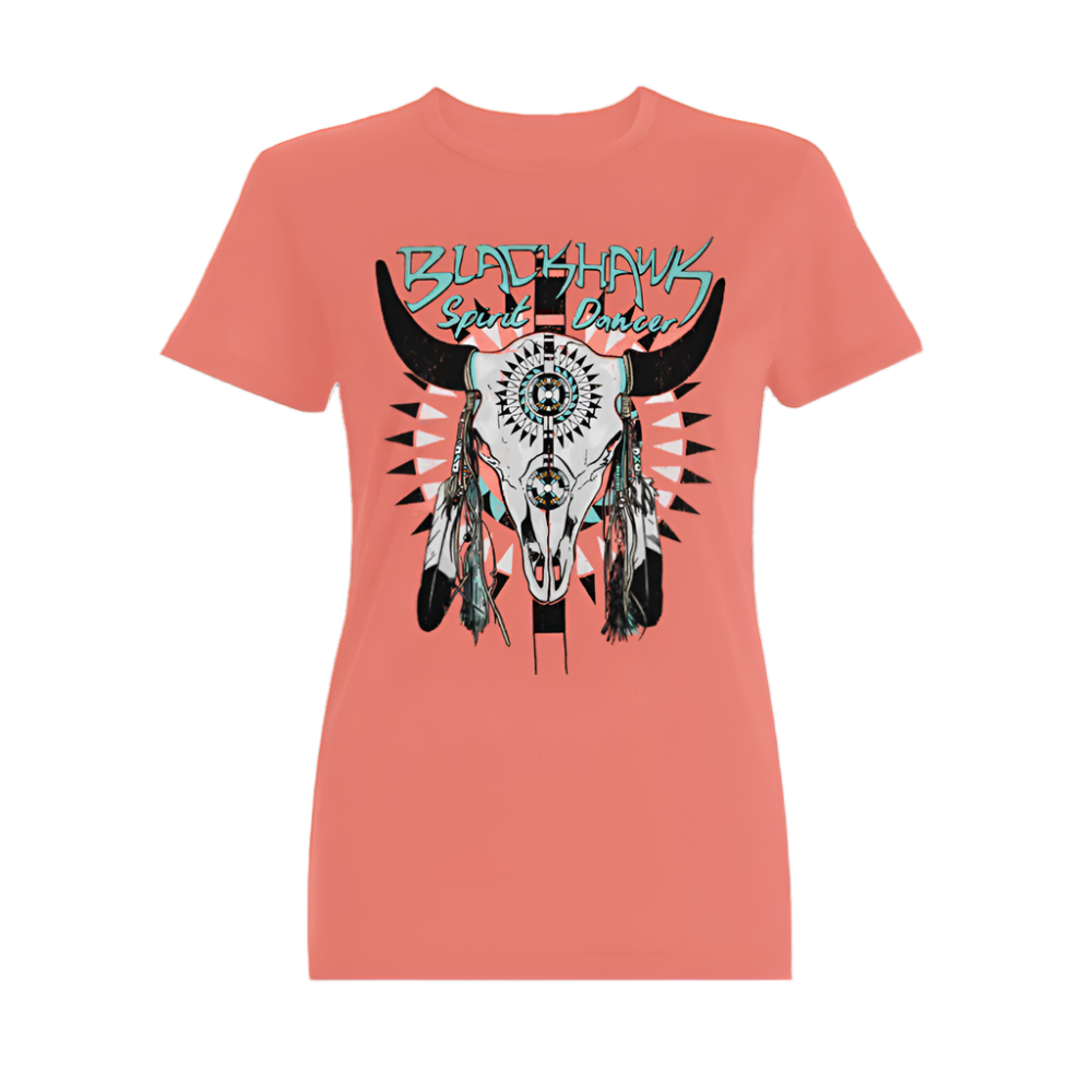 ladies tee-pink-"spirit dancer" buffalo skull with feathers