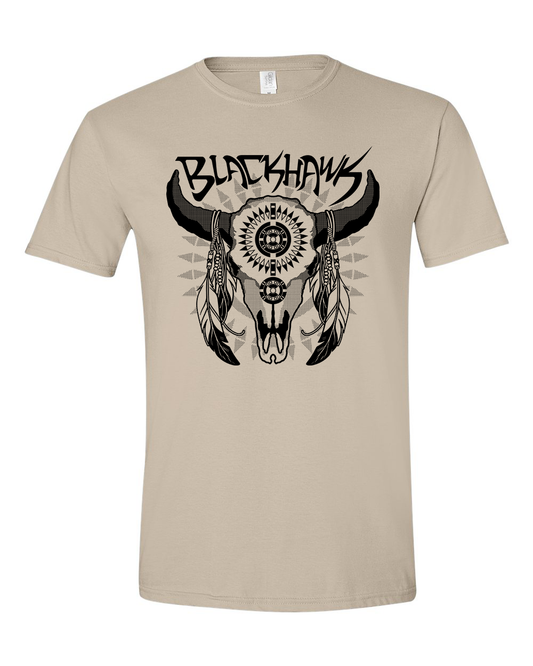 tee-tan-"Blackhawk" buffalo skull with feathers