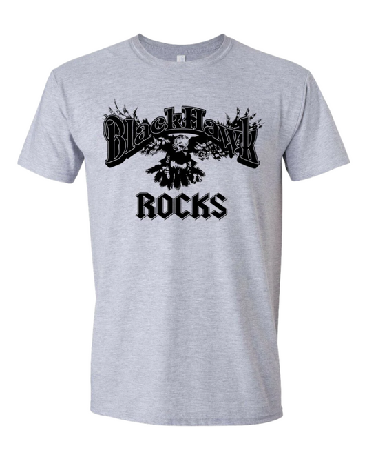 tee-grey-"Blackhawk rocks" hawk with wings spread open