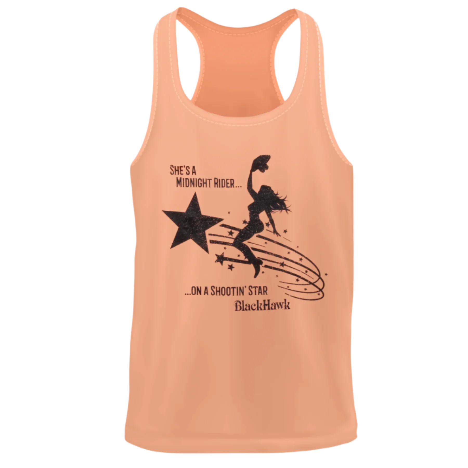 ladies tank-pink-"she's a midnight rider on a shootin star" girl with a cowboy hat riding a shooting star