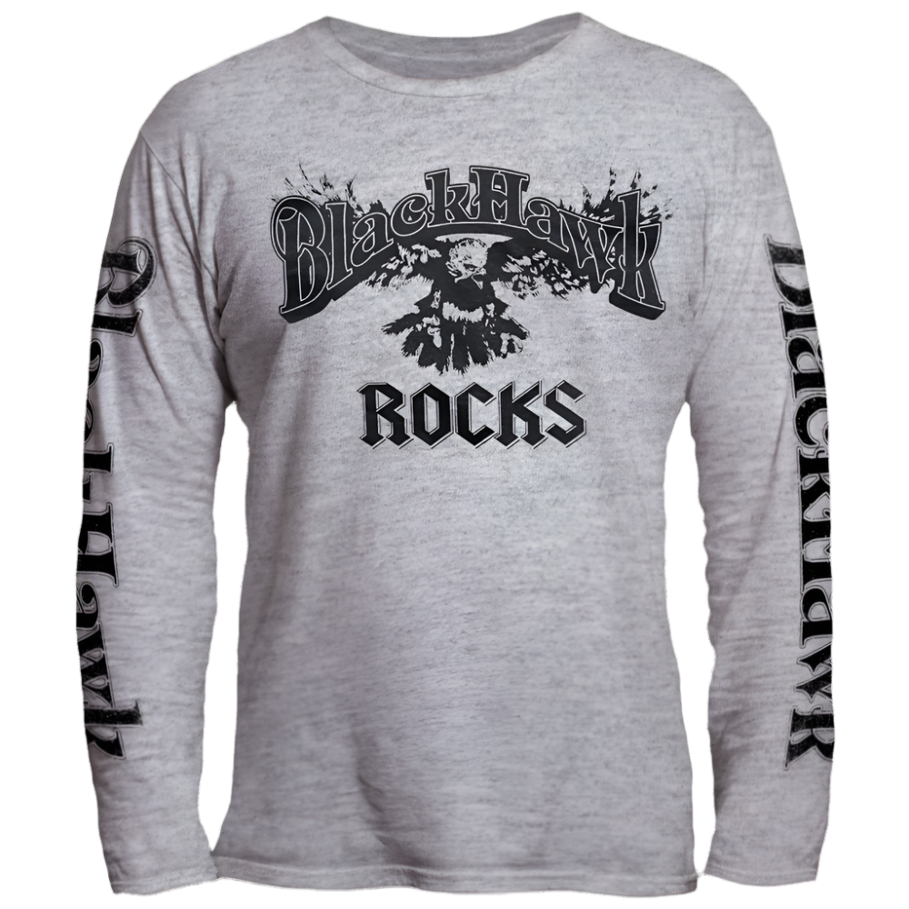 long sleeve tee-grey-front "Blackhawk Rocks" hawk with wings spread open-sleeves "Blackhawk"
