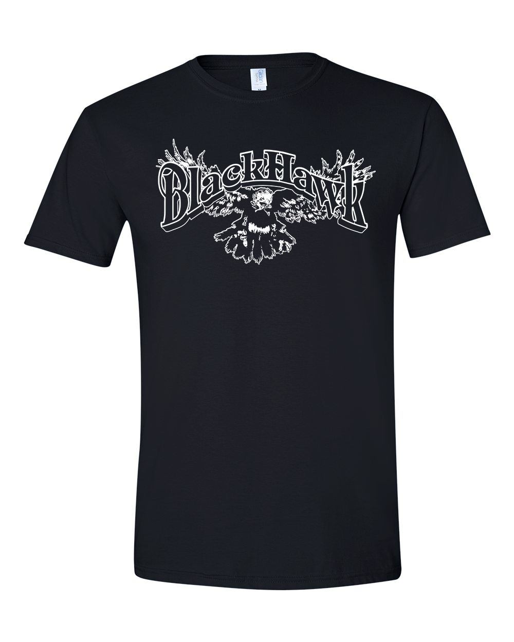 tee-black-"Blackhawk" hawk with wings spread open