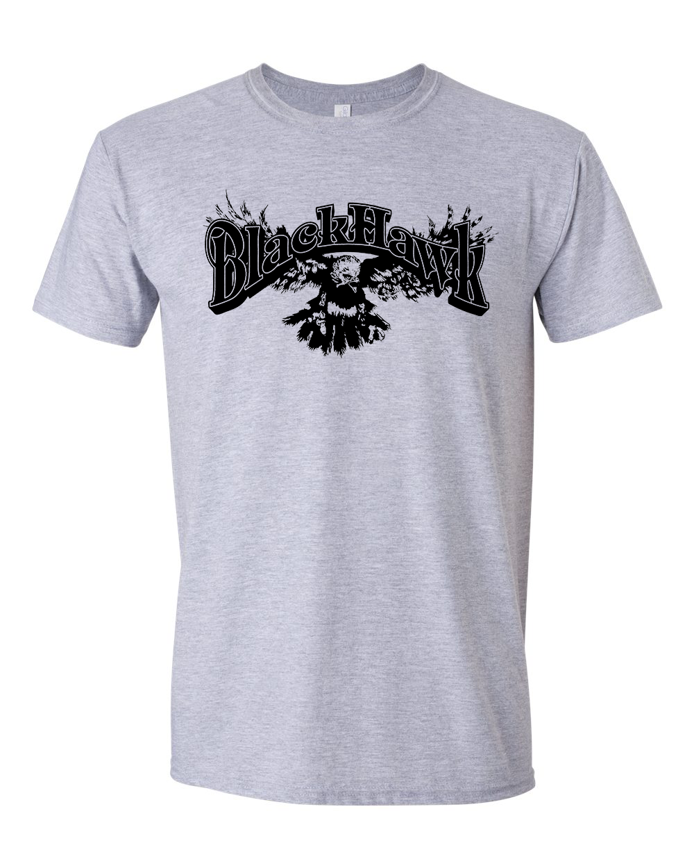 tee-grey-"BlackHawk" hawk with wings spread open