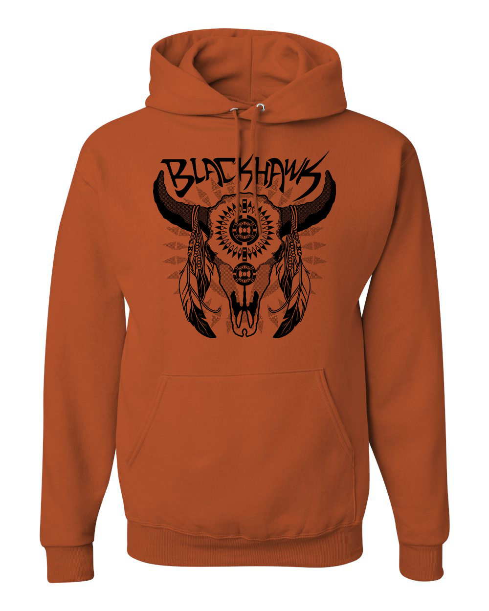 hoodie-burnt orange-"Blackhawk" buffalo skull with feathers