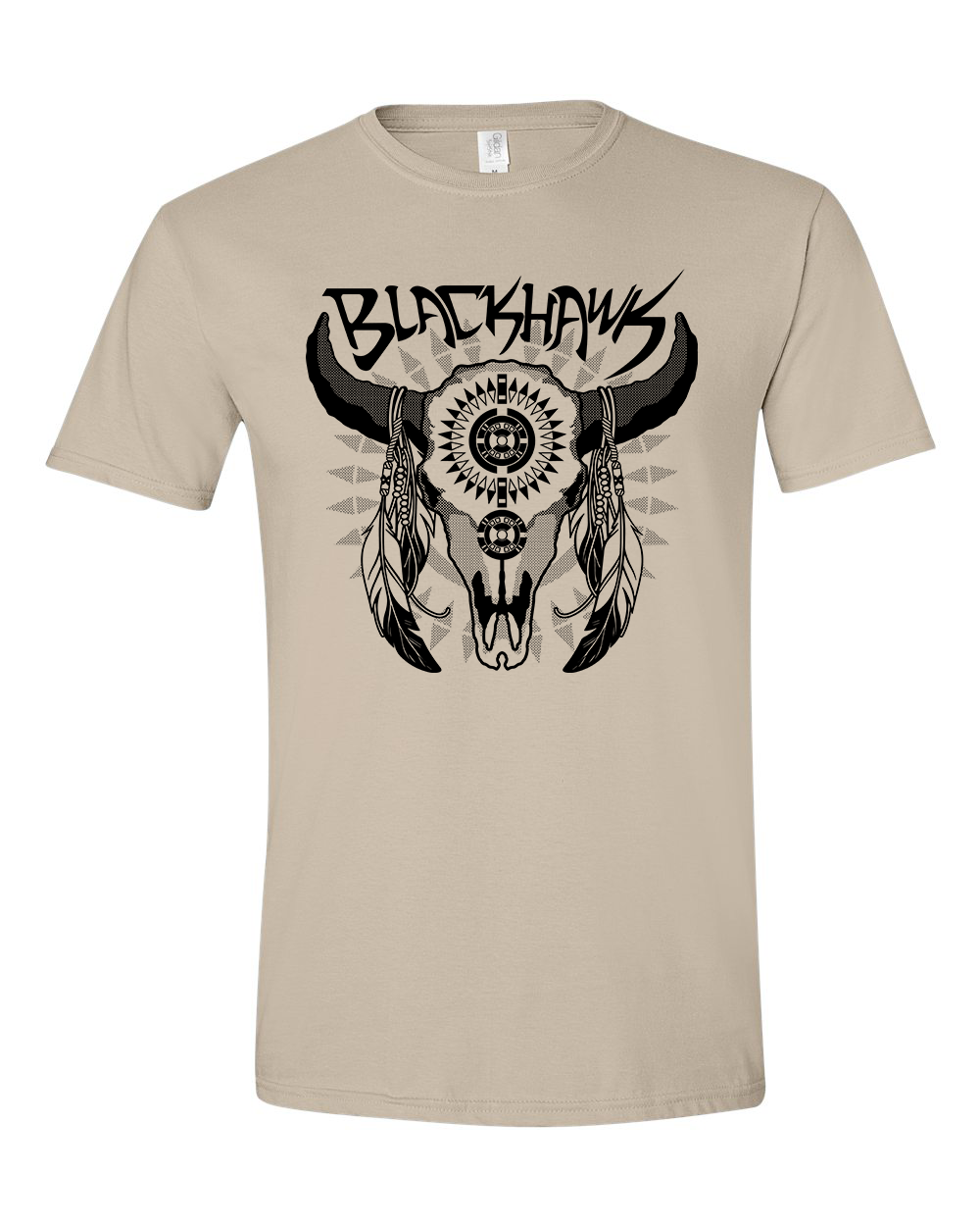 tee-tan-"Blackhawk" buffalo skull with feathers 